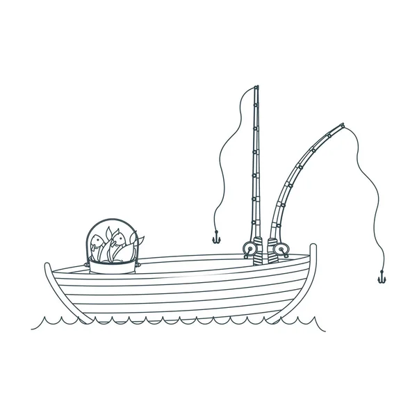 Blu scuro silhouette barca da pesca in legno nel lago e due bastoni con secchio pieno di pesce — Vettoriale Stock