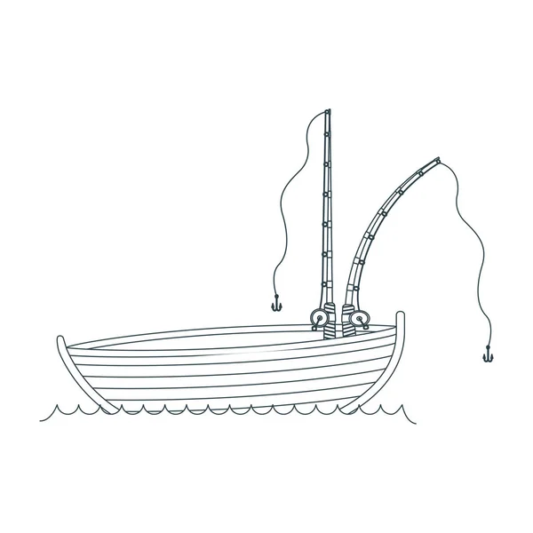Blu scuro silhouette barca da pesca in legno nel lago e due canne — Vettoriale Stock