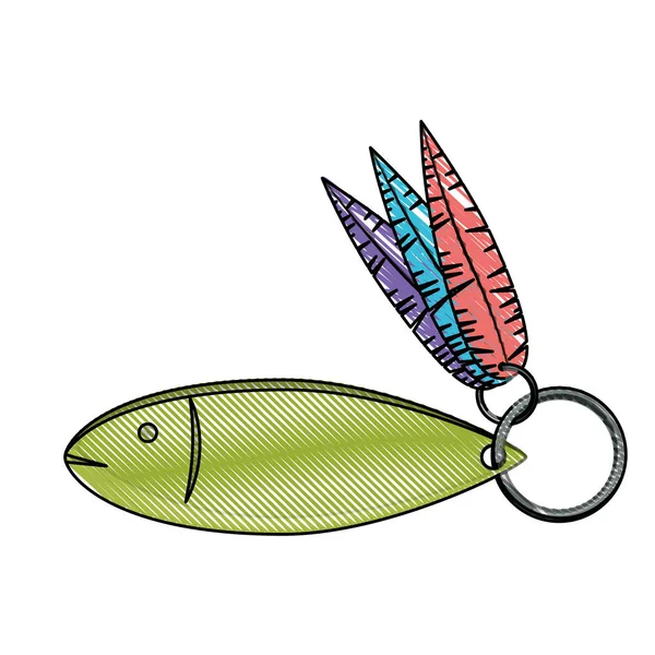 Cor silhueta de lápis de cor de gancho de peixe closeup com penas decorativas — Vetor de Stock
