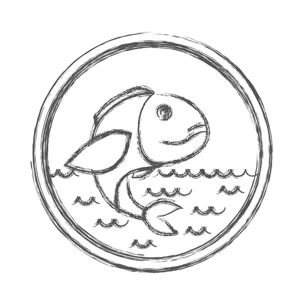 Silueta borrosa boceto de emblema circular con olas de peces de mar y bajo — Vector de stock