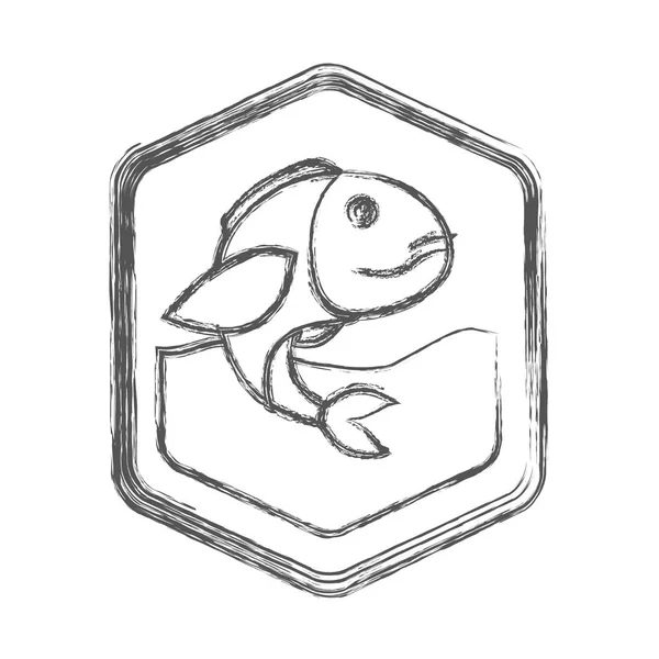 Silueta borrosa boceto de emblema de forma de diamante con peces bajo en el interior en el río — Vector de stock