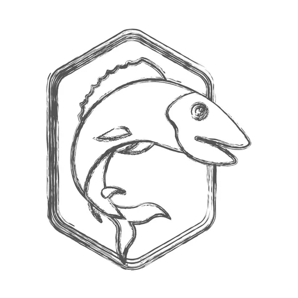 Silueta borrosa boceto de emblema de forma de diamante con peces de trucha — Vector de stock