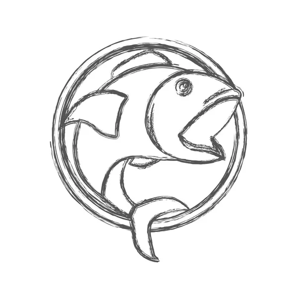 Suddig skiss silhuetten av cirkulär form emblem med öppen mun fisk — Stock vektor