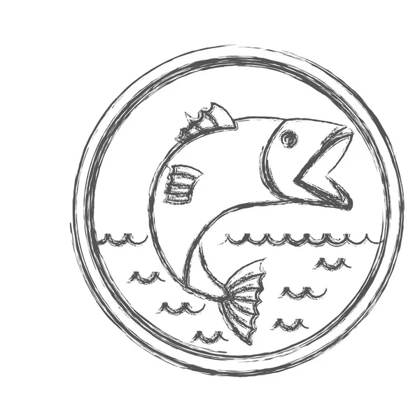 Silueta de boceto borroso de emblema circular con olas de mar y pescado de trucha de boca abierta — Vector de stock
