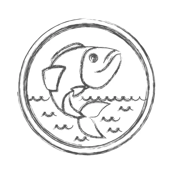 Silueta borrosa boceto de emblema circular con olas de peces de mar y bajo — Vector de stock