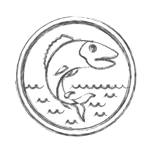 Silueta borrosa boceto de emblema circular con olas de peces de mar y trucha — Vector de stock