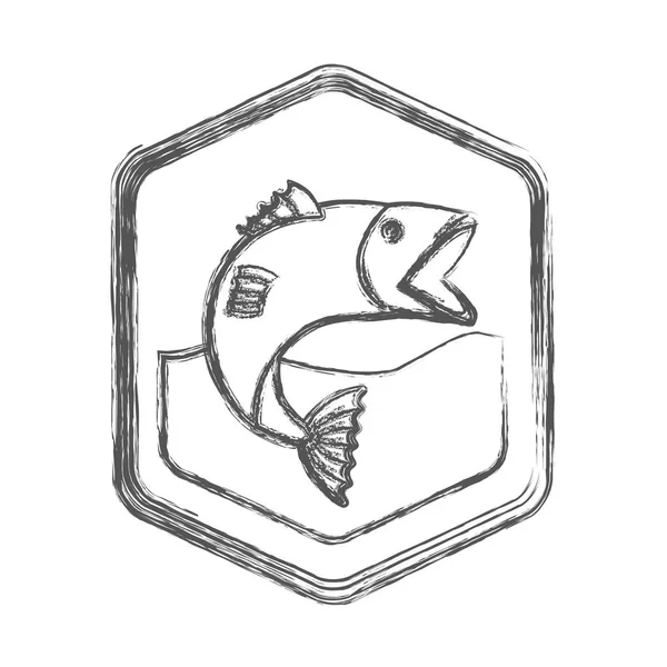 Suddig skiss silhuetten av diamant form emblem med fisk bigmouth i floden — Stock vektor