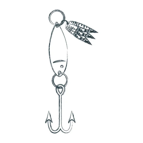 Silueta borrosa boceto de anzuelo de pescado con plumas decorativas — Vector de stock
