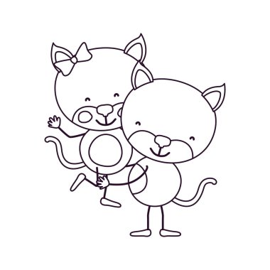 Çift birinin diğer sevimli hayvanlar elinde aşk kedi kontur karikatür kroki
