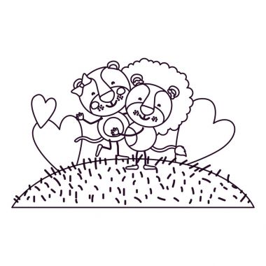 Kontur sahne gökyüzü manzara ve karikatür birkaç dişi aslan ve aslan birinin diğer elinde çim kroki