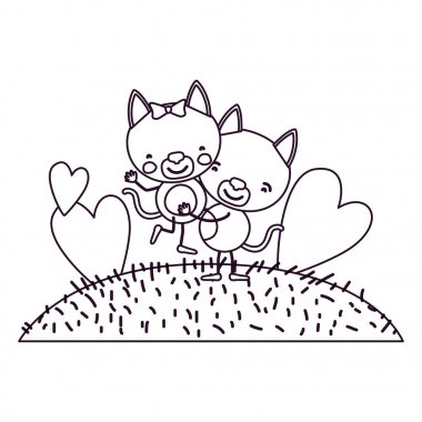 Kontur sahne gökyüzü manzara ve çim ile yavru kedi diğer taşıyan bir karikatür birkaç eskiz