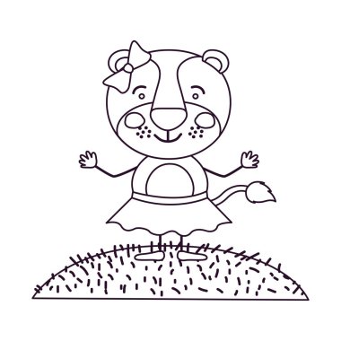 Kontur sahne gökyüzü manzara ve çim etek yay dantel ile karikatür hoş ifade dişi aslan ile kroki