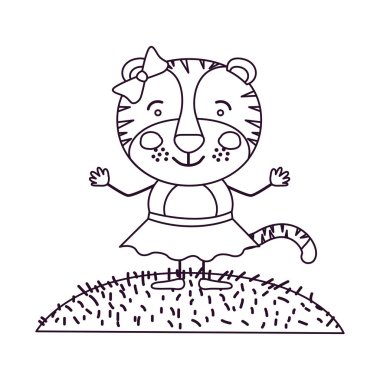 Kontur sahne gökyüzü manzara ve çim karikatür hoş ifade kadın kaplan ile yay dantel etek ile kroki