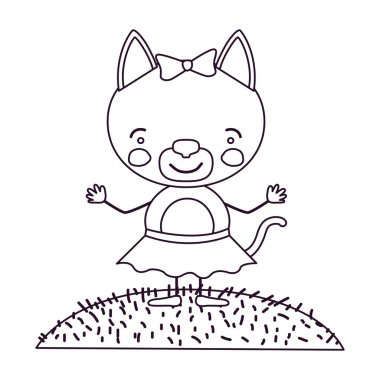 Kontur sahne gökyüzü manzara ve çim karikatür hoş ifade dişi kedi ile yay dantel etek ile kroki