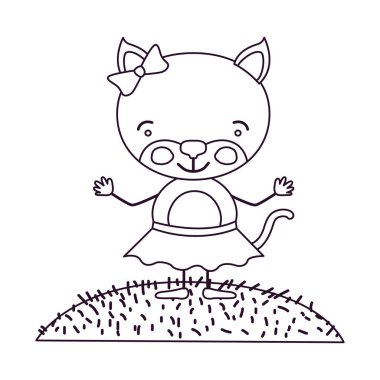 Kontur sahne gökyüzü manzara ve çim yay dantel etek de karikatür hoş ifade kadın kedi ile kroki