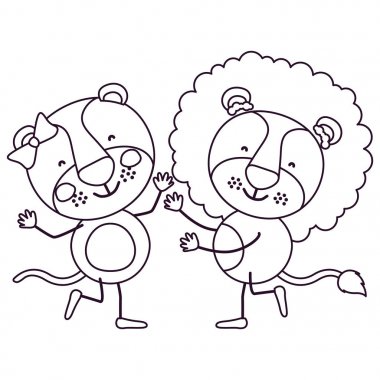 Birkaç dişi aslan ve aslan dans ile kontur karikatür kroki