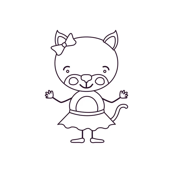 Bosquejo contorno caricatura de lindo expresión hembra gatito en falda con arco de encaje — Archivo Imágenes Vectoriales