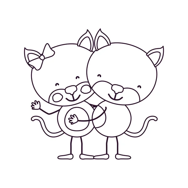Schizzo contorno caricatura con coppia di gattini abbracciati — Vettoriale Stock