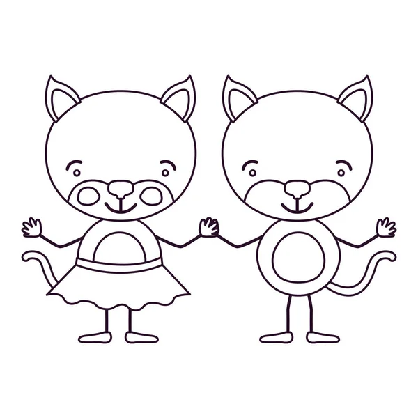 Esboço caricatura contorno com par de gatos de mãos dadas — Vetor de Stock