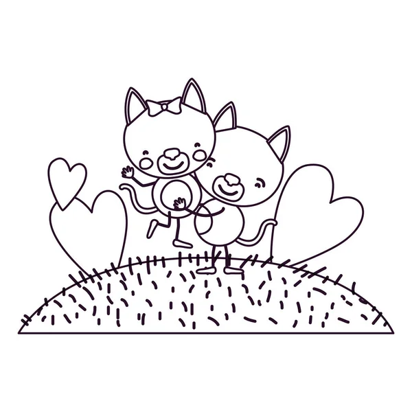 Schets contour scène hemel landschap en gras met karikatuur paar van kittens een uitvoering van de andere — Stockvector