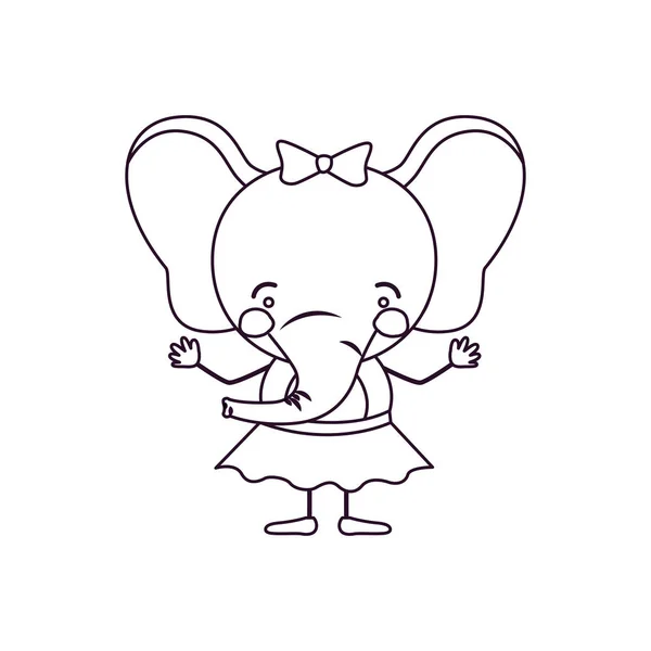 草绘轮廓漫画的可爱的表情女性大象在用弓花边的裙子 — 图库矢量图片