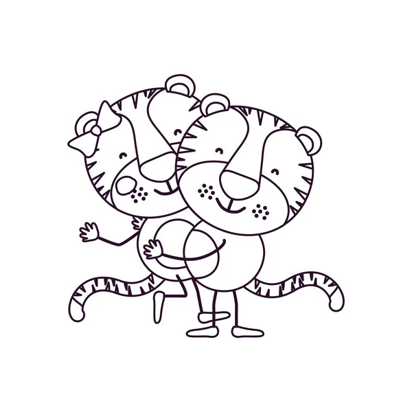 Schizzo contorno caricatura con coppia di tigri uno portando gli altri simpatici animali amore — Vettoriale Stock