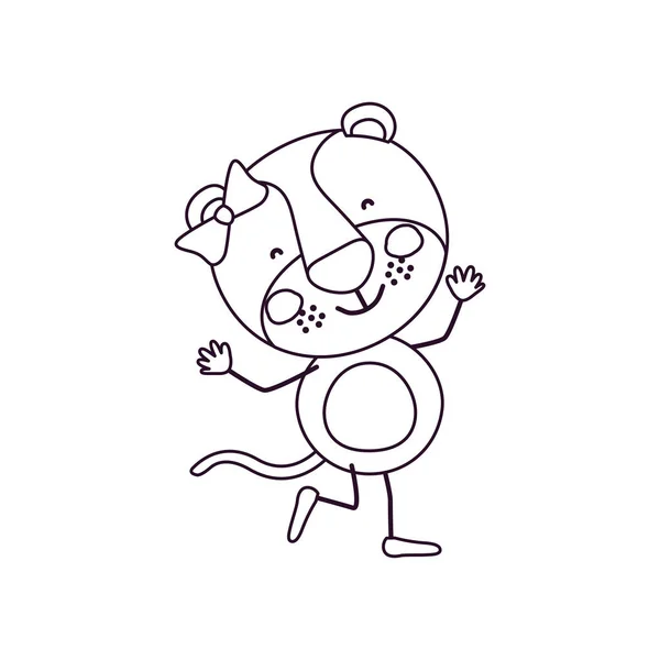 草绘轮廓漫画的可爱的表情雌狮在舞蹈姿势与弓花边 — 图库矢量图片
