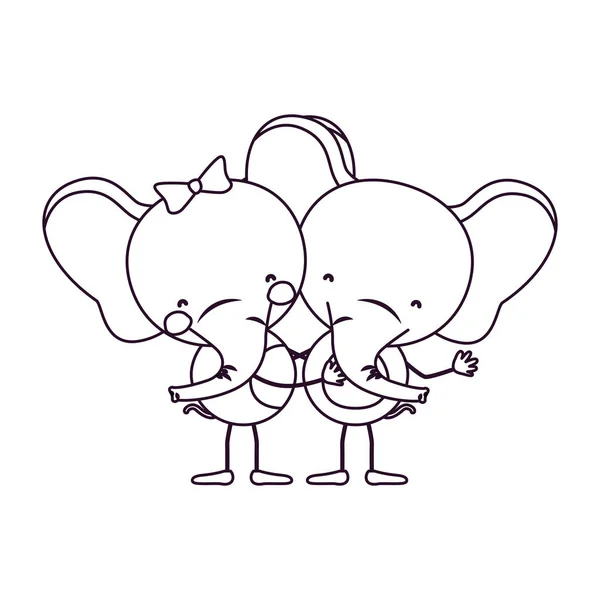 Kontur karikatür kucakladı filler çift ile kroki — Stok Vektör
