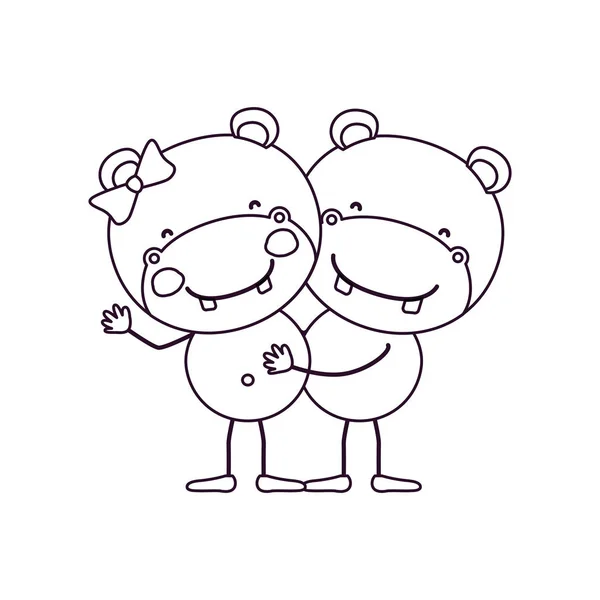 Schizzo contorno caricatura con coppia di ippopotami abbracciati — Vettoriale Stock