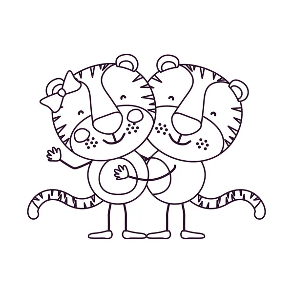 Boceto caricatura contorno con un par de tigres abrazado — Archivo Imágenes Vectoriales