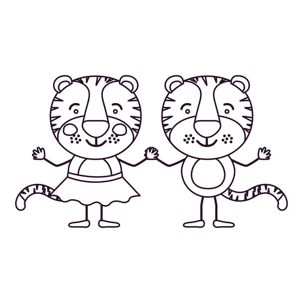 Schizzo contorno caricatura con coppia di tigri che si tengono per mano — Vettoriale Stock