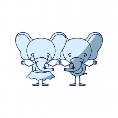 mavi renk siluet karikatür ile el ele tutuşarak fil çift gölgelendirme