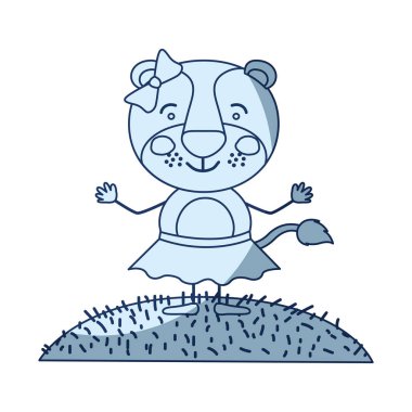 mavi renk gölgelendirme siluet sahne gökyüzü manzara ve çim karikatür hoş ifade dişi aslan ile yay dantel etek