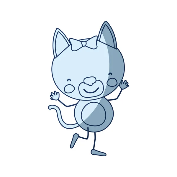 蓝色底纹剪影漫画的可爱的表情母猫在舞蹈姿势与弓花边 — 图库矢量图片