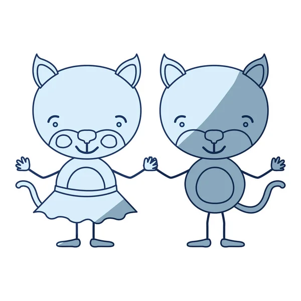 Blå färg skuggning siluett karikatyr med par katter hålla händerna — Stock vektor