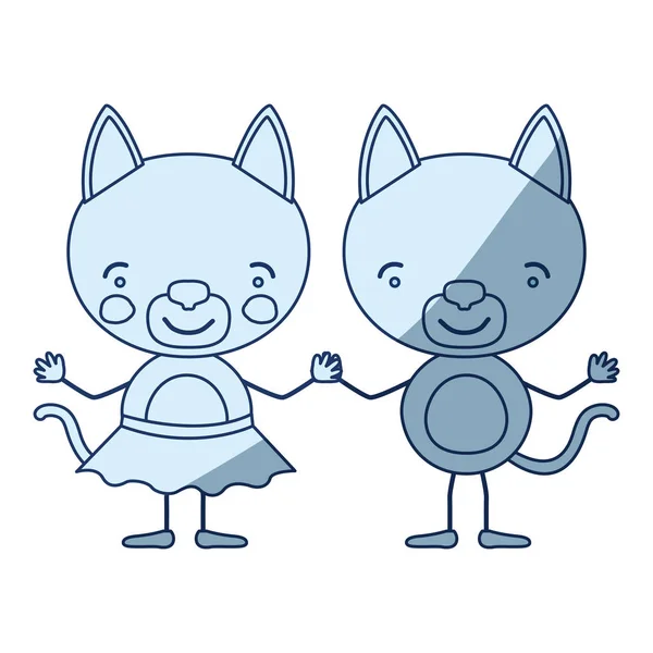Blå färg skuggning siluett karikatyr med par kattungar som håller hand — Stock vektor