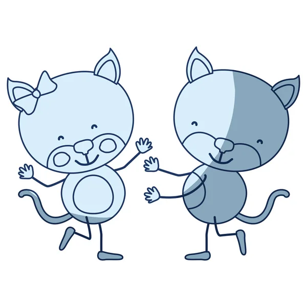 Color azul sombreado silueta caricatura con par de gatos bailando — Vector de stock