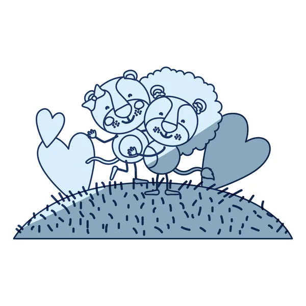 Color azul sombra silueta escena cielo paisaje y hierba con caricatura pareja de leona y león uno llevando el otro — Archivo Imágenes Vectoriales