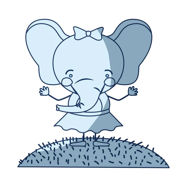 蓝色的颜色底纹剪影场景天空景观和草与漫画可爱的表情女性大象在用弓花边的裙子 — 图库矢量图片