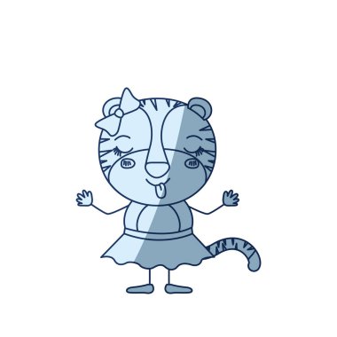 sevimli kadın dişi kaplan ile tiksinti ifadesi ile yay dantel etek karikatürü siluet gölgelendirme ve dilini mavi renk