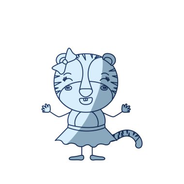 şirin mutluluk ifade kadın kaplan ile yay dantel etek karikatürü siluet gölge mavi rengi