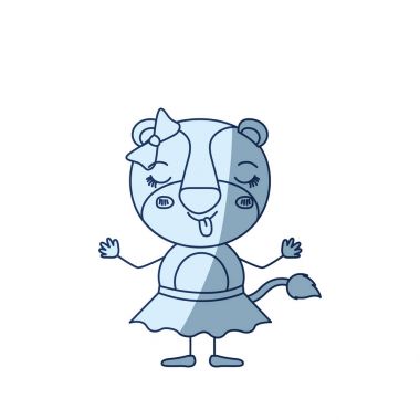 sevimli kadın dişi aslan ile tiksinti ifadesi ile yay dantel etek karikatürü siluet gölgelendirme ve dilini mavi renk