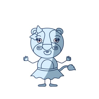 sevimli kadın dişi aslan ile heyecan ifade ile yay dantel etek karikatürü siluet gölgelendirme ve gülümseyen mavi renk