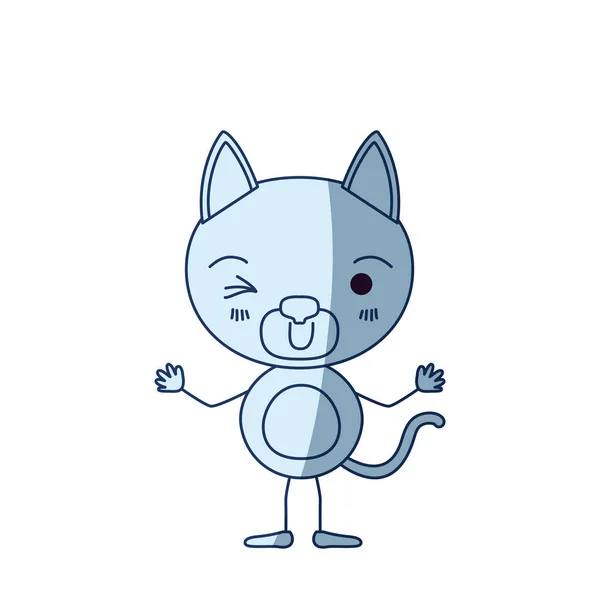 Blaue Farbschattierung Silhouette Karikatur der niedlichen Katze Augenzwinkern Ausdruck — Stockvektor