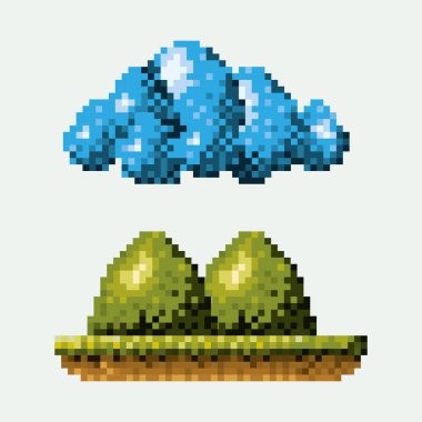 renk pixelated orman manzara dağlar ve bulut ile çayırda