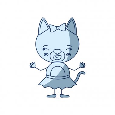 mutluluk ifadesi ile yay dantel etek sevimli kadın kedi karikatürü siluet gölgelendirme ve gülümseyen mavi renk