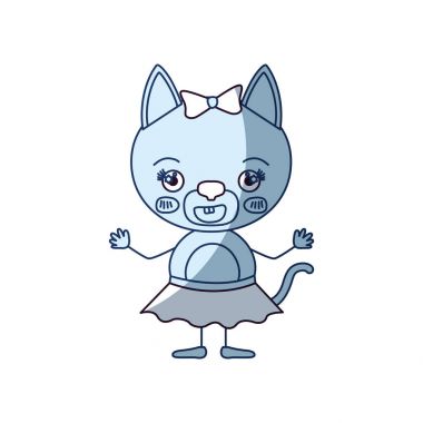 renk gölgelendirme siluet mutluluk ifadesi ile yay dantel etek sevimli kadın kedi karikatürü mavi ve gülümse