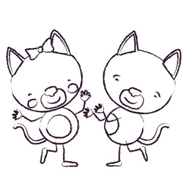 Çift dans yavru kedi ile bulanık kroki kontur karikatür