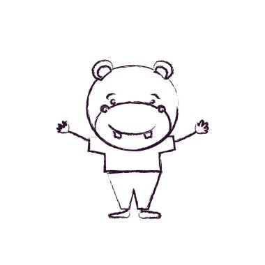 Eller yukarı giysileri ile sevimli hippo mutluluk ifadesi karikatürü bulanık siluet