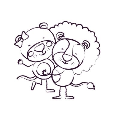 bulanık kroki kontur karikatür birkaç dişi aslan ve aslan birinin diğer sevimli hayvanlar elinde aşk ile